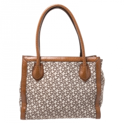 Pre Owned DKNY Beige/Tan Signature Canvas and Leather Tote