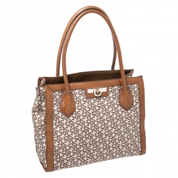 Pre Owned DKNY Beige/Tan Signature Canvas and Leather Tote