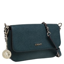 Pre Owned DKNY Green Leather Bryant Flap Crossbody Bag