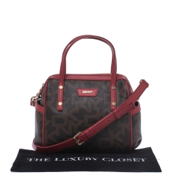 Pre Owned Dkny Brown/Red Monogram Coated Canvas and Leather Boston Bag