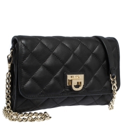 Pre Owned DKNY Black Quilted Leather Flap Chain Shoulder Bag