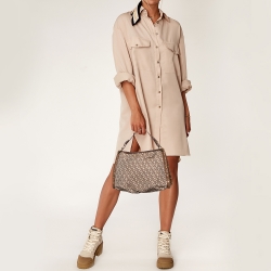 Pre Owned DKNY Brown/Beige Signature Canvas and Leather Studded Shoulder Bag