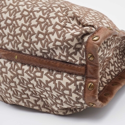 Pre Owned DKNY Brown/Beige Signature Canvas and Leather Studded Shoulder Bag