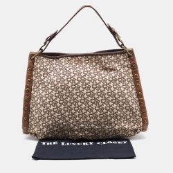 Pre Owned DKNY Brown/Beige Signature Canvas and Leather Studded Shoulder Bag