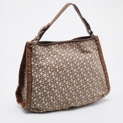 Pre Owned DKNY Brown/Beige Signature Canvas and Leather Studded Shoulder Bag
