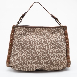 Pre Owned DKNY Brown/Beige Signature Canvas and Leather Studded Shoulder Bag
