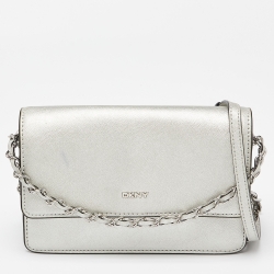 Pre Owned DKNY Silver Leather Bryant Flap Crossbody Bag
