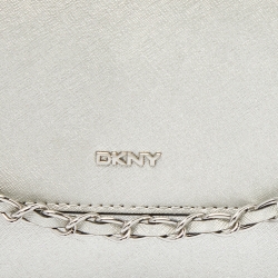Pre Owned DKNY Silver Leather Bryant Flap Crossbody Bag
