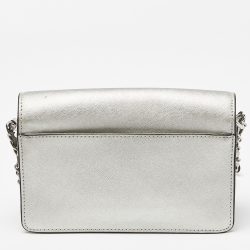 Pre Owned DKNY Silver Leather Bryant Flap Crossbody Bag