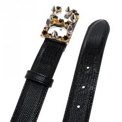 مملوكة مسبقًا حزام دولتشي أند غابانا جلد إيغوانا أسود شعار DC مرصع 70 سم