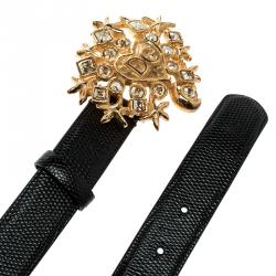 Pre Owned Dolce and Gabbana Black Lizard Crystal Embellished DG Heart Buckle Belt 70cm