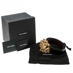 Pre Owned Dolce and Gabbana Black Lizard Crystal Embellished DG Heart Buckle Belt 70cm