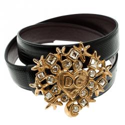 Pre Owned حزام دولتشي اند غابانا قلب GD مرصع كريستال سحلية أسود 75 سم