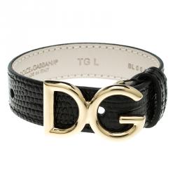 مملوكة مسبقًا Dolce and Gabbana Black Iguana Leather Gold Tone Logo Bracelet L