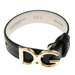 مملوكة مسبقًا Dolce and Gabbana Black Iguana Leather Gold Tone Logo Bracelet L