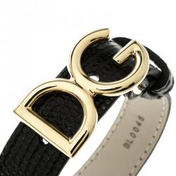 مملوكة مسبقًا Dolce and Gabbana Black Iguana Leather Gold Tone Logo Bracelet L