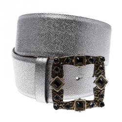 Pre Owned Dolce and Gabbana Silver Leather Crystal Embellished Buckle Belt 95cm
