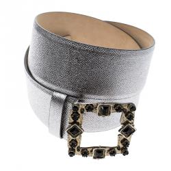 Pre Owned Dolce and Gabbana Silver Leather Crystal Embellished Buckle Belt 95cm