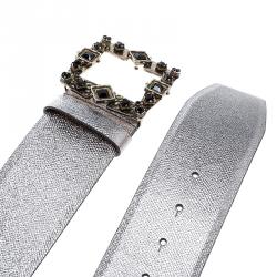 Pre Owned Dolce and Gabbana Silver Leather Crystal Embellished Buckle Belt 95cm