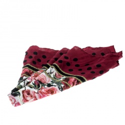 مملوكة مسبقًا Dolce and Gabbana Burgundy Polka Dotted Floral Printed Silk Square Scarf