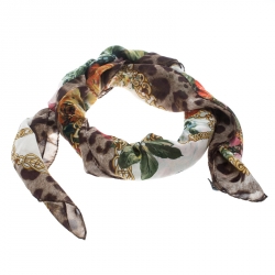 Pre Owned Dolce and Gabbana Floral and Leopard Printed Silk Chiffon Square Scarf
