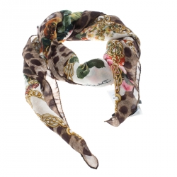 Pre Owned Dolce and Gabbana Floral and Leopard Printed Silk Chiffon Square Scarf