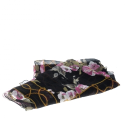 Pre Owned Dolce and Gabbana Black Floral Printed Crinkled Silk Chiffon Scarf