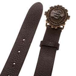 Pre Owned Dolce & Gabbana Dark Brown Leather Crown Buckle Belt 85cm