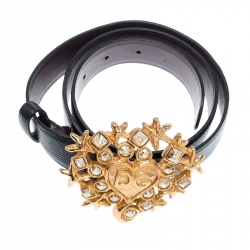 Pre Owned Dolce and Gabbana Black Lizard Embossed Leather Crystal Embellished DG Heart Buckle Belt 80cm