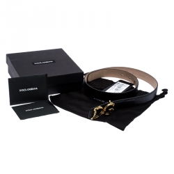 Pre Owned Dolce and Gabbana Black Lizard Embossed Leather Decorative Logo Belt 75CM