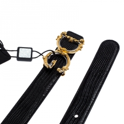 Pre Owned Dolce and Gabbana Black Lizard Embossed Leather Decorative Logo Belt 75CM
