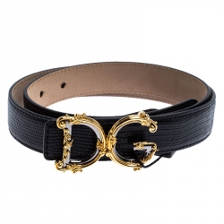 Pre Owned Dolce and Gabbana Black Lizard Embossed Leather Decorative Logo Belt 75CM
