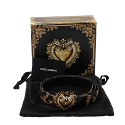Pre Owned Dolce & Gabbana Brown/Black Leopard Print Canvas Devotion Belt 85CM