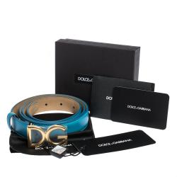 Pre Owned Dolce & Gabbana Sky Blue Leather Logo Buckle Belt 85CM