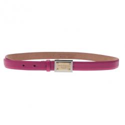 Pre Owned Dolce and Gabbana Pink Leather Logo Plaque Skinny Belt 80CM