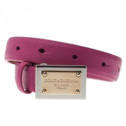 Pre Owned Dolce and Gabbana Pink Leather Logo Plaque Skinny Belt 80CM