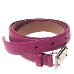 Pre Owned Dolce and Gabbana Pink Leather Logo Plaque Skinny Belt 80CM