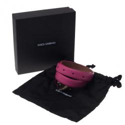 Pre Owned Dolce and Gabbana Pink Leather Logo Plaque Skinny Belt 80CM