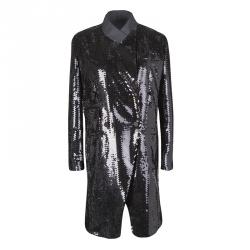 Pre Owned Dolce and Gabbana Black Sequin Paillette Embellished Velvet Trim Double Breasted Coat S