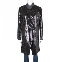 Pre Owned Dolce and Gabbana Black Sequin Paillette Embellished Velvet Trim Double Breasted Coat S