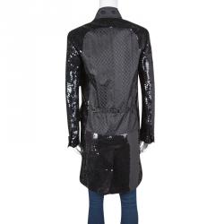 Pre Owned Dolce and Gabbana Black Sequin Paillette Embellished Velvet Trim Double Breasted Coat S