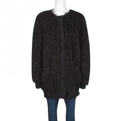 Pre Owned Dolce and Gabbana Black Wool Fringe Rib Trim Shaggy Coat L