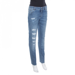 Pre Owned Dolce and Gabbana Indigo Faded Effect Distressed Pretty Jeans L