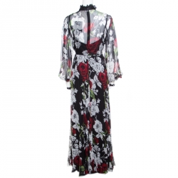 Pre Owned Dolce and Gabbana Black Floral Printed Silk Contrast Bib Detail Long Sleeve Maxi Dress L