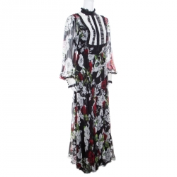Pre Owned Dolce and Gabbana Black Floral Printed Silk Contrast Bib Detail Long Sleeve Maxi Dress L