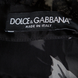 Pre Owned Dolce and Gabbana Black Floral Printed Silk Contrast Bib Detail Long Sleeve Maxi Dress L