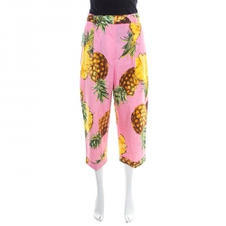 Pre Owned Dolce and Gabbana Pink Pineapple Printed Cotton High Waist Wide Leg Cropped Pants M