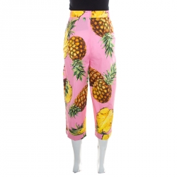 Pre Owned Dolce and Gabbana Pink Pineapple Printed Cotton High Waist Wide Leg Cropped Pants M