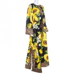 Pre Owned Dolce and Gabbana Sunflower and Leopard Printed Silk Kaftan Maxi Dress S