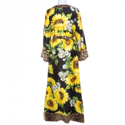Pre Owned Dolce and Gabbana Sunflower and Leopard Printed Silk Kaftan Maxi Dress S